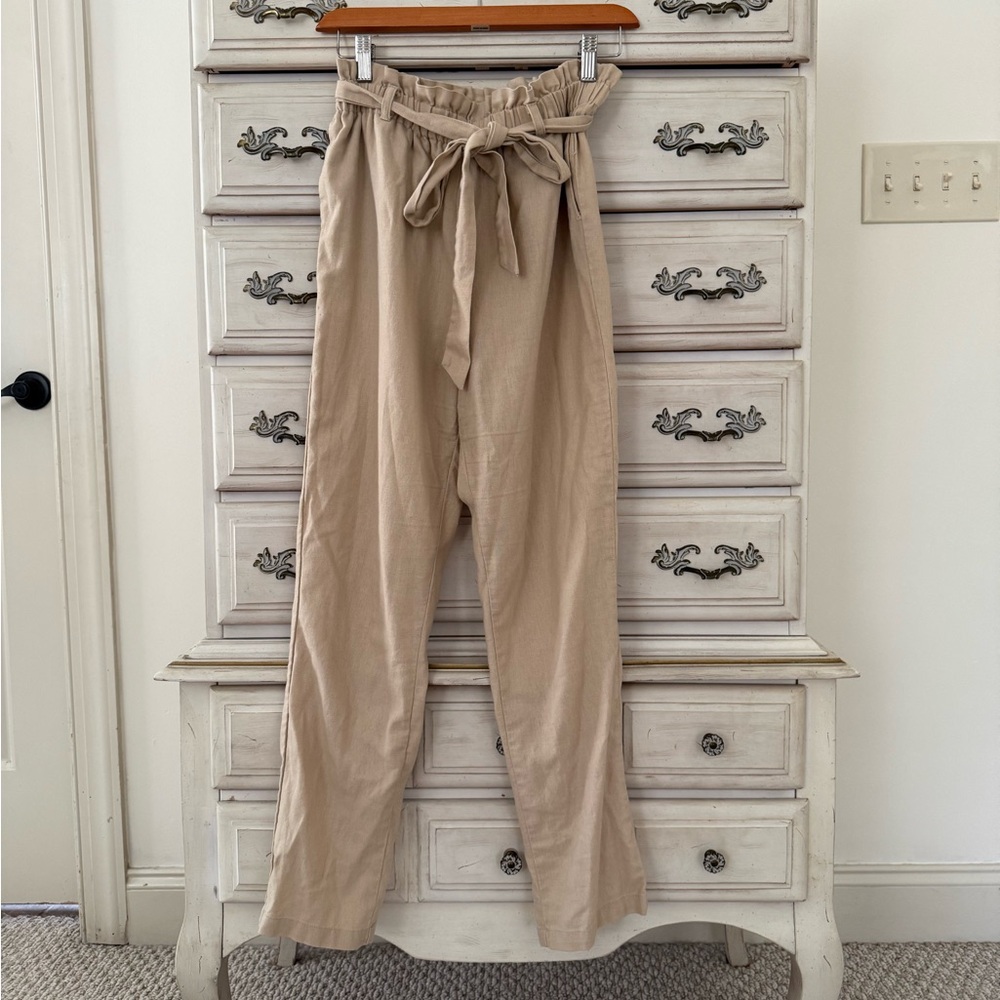Vici Beige Linen Paperbag Waist Pants